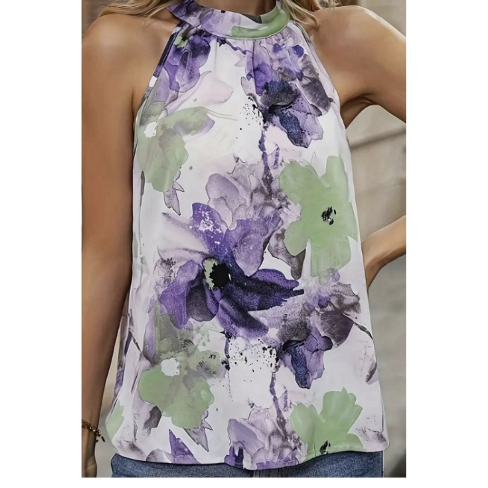 Women's Sleeveless Tank Top Halter Neck Floral Watercolor Lightweight Blouse 2XL